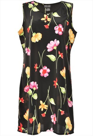 Vintage Floral Print Black Sleeveless Dress - L
