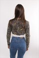 90S ABSTRACT PRINT CROP BLOUSE VINTAGE BROWN LONG SLEEVE TOP