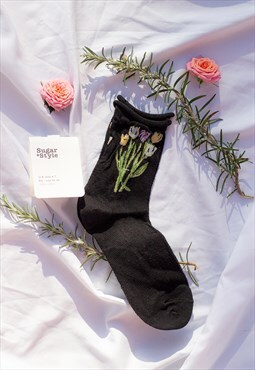 Black Netted Tulip Print Socks