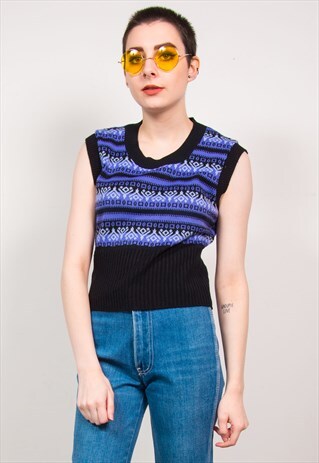 VINTAGE 70'S PURPLE STRIPED PATTERN KNIT VEST TANK TOP
