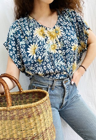 VINTAGE 80S DAISY FLORAL PRINT HAUTE BOHEME BLOUSE TOP