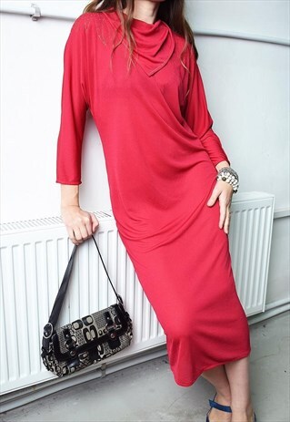 VINTAGE 70S RETRO MOD BEADED DRAPED NECK MAXI DRESS