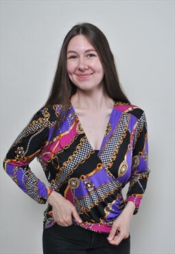 Y2k fashion blouse, v-neck multicolor pullover top 
