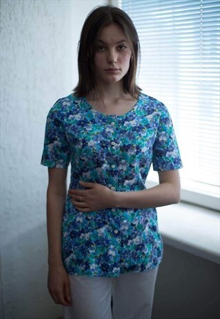 VINTAGE 80'S BLUE FLOWER PATTERNED BLOUSE