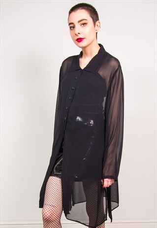 VINTAGE 90'S BLACK SHEER LONG LINE GRUNGE STYLE SHIRT