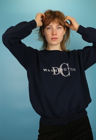 VINTAGE 90S WASHINGTON BLUE JUMPER WITH EMBROIDERED WRITING