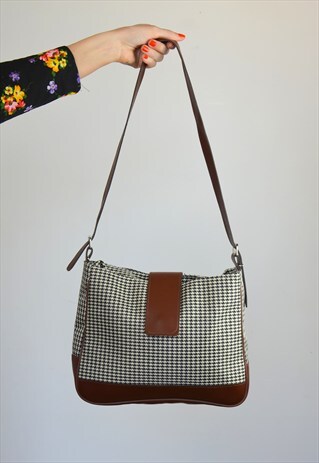 VINTAGE 90S BROWN LEATHER & HOUNDSTOOTH SHOULDER BAG