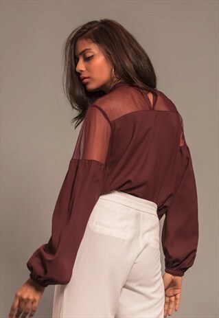 MAROON SHEER FLARED SLEEVES TOP IN MAROON