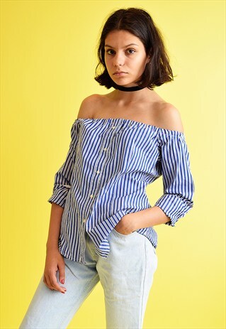 VINTAGE 90'S CUSTOMIZED OFF-SHOULDER STRIPED SHIRT BLOUSE
