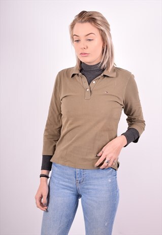 TOMMY HILFIGER WOMENS VINTAGE POLO SHIRT MEDIUM KHAKI 90S