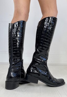 Vintage Y2K Knee High Boots Patent Faux Crocodile Skin 00s