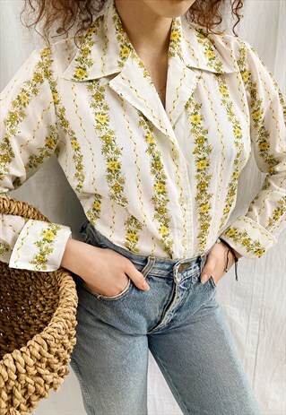 VINTAGE 70S FLORAL COUNTRY MILKMAID ETHNIC BLOUSE TOP SHIRT