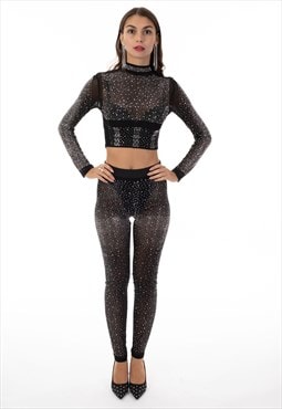 Multi Diamond Embellished Crop Top and Leggings Co-ords 