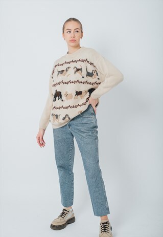VINTAGE 80S BOXY FIT LONG KNITWEAR JUMPER WITH PUPPY PRINT