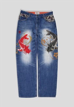 Vintage Japanese Karakuri Tamashii Embroidered Denim Jeans