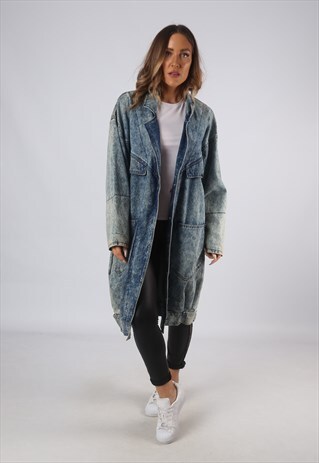 VINTAGE LONG DENIM JACKET OVERSIZED ACID WASH UK 16 XL (O1M)