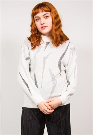 VINTAGE 90'S WHITE & BLACK GLITTER KNIT HIGH NECK JUMPER