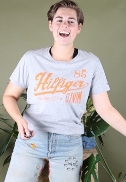 Vintage Tommy Hilfiger T-Shirt in Grey with Orange Print