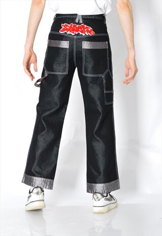 Y2K UNISEX DARK GREY SILVER SKATE HIP HOP JEANS