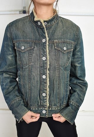 VINTAGE Y2K RETRO DENIM & FAUX FUR SHEARLING CROPPED JACKET