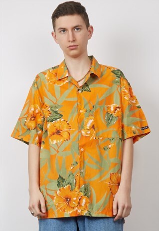 VINTAGE 90'S ORANGE FLORAL HAWAIIAN PRINT SHIRT