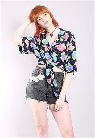 VINTAGE 80S FLORAL POLKA DOT TIE UP SHIRT CROP TOP