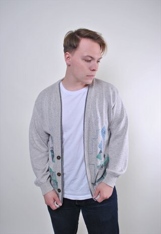 80S MEN GRAY ABSTRACT PRINT BUTTON CARDIGAN SWEATER