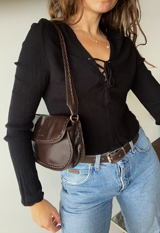 VINTAGE Y2K 00S PARISIAN LACE-UP MINIMALIST BLACK BLOUSE TOP