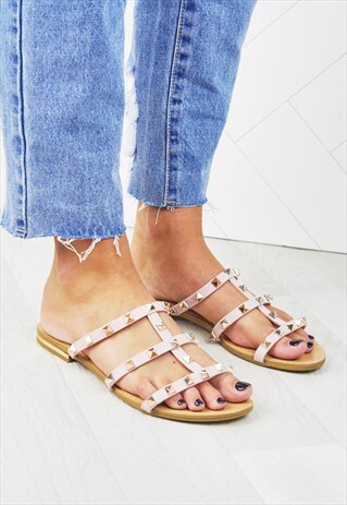POLLY PINK STUDDED MULE SANDALS WITH GOLD ROCKSTUDS