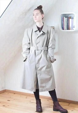 Beige grey long vintage belted trench coat