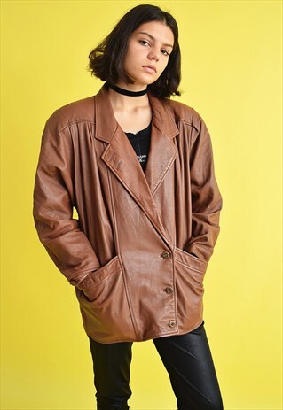 80'S RETRO BROWN REAL LEATHER OVERSIZED MOM'S JACKET COAT