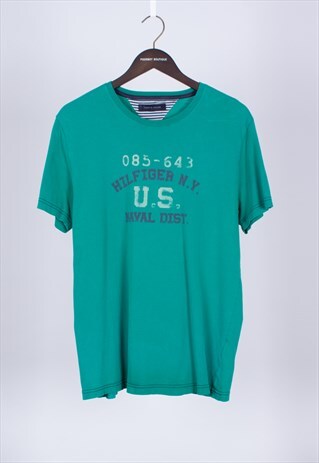 VINTAGE 90S GREEN PRINT T-SHIRT TOMMY HILFIGER