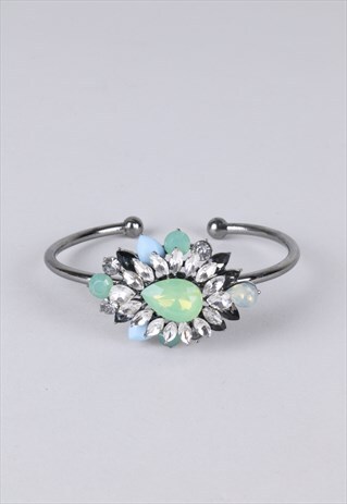 SILVER BANGLE WITH BLUE, GREEN AND CRYSTAL STONES