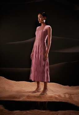Semi-Sheer Scallop Patchwork Midi Dress in Pink