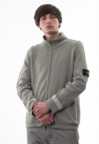 VINTAGE STONE ISLAND FULL ZIP SWEATER 90S BEIGE KNIT KNITTED