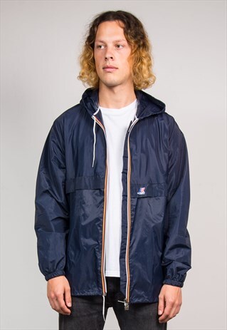90'S VINTAGE NAVY BLUE K-WAY HOODED CAGOULE JACKET COAT