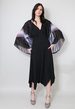 Vintage Ladies 70's Black Midi Dress Purple Kimono Sleeves