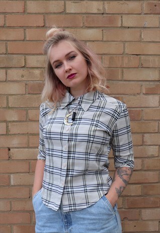 VINTAGE 90S Y2K BEIGE CHECK BURBERRY STYLE BLOUSE SHIRT