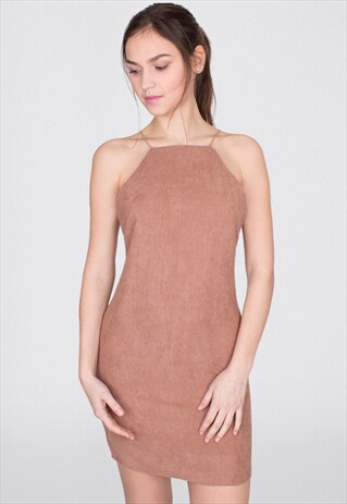 TAN HALTER NECK SUEDE LOOK DRESS