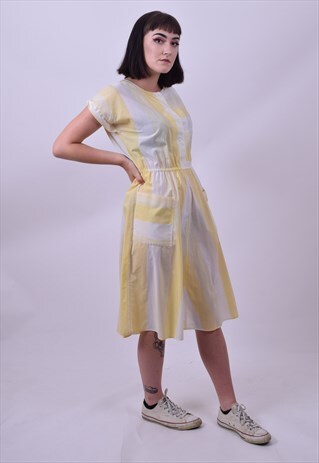 VINTAGE 80'S YELLOW & WHITE DRESS FRONT POCKETS SIZE 8 10 12