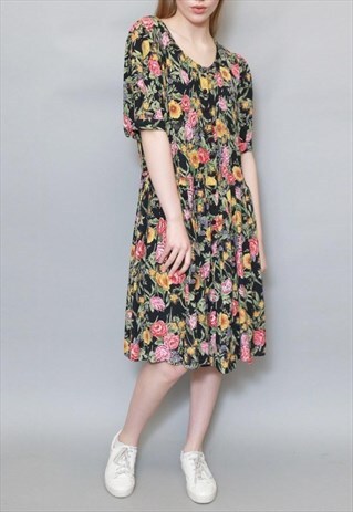 VINTAGE 1990'S PRETTY BLACK FLORAL MIDI DRESS