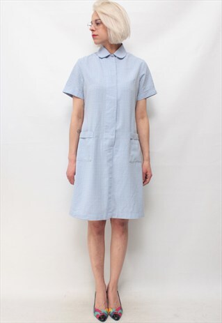 VINTAGE 60' BEAUTIFUL CUTE MINI CHECKED BLUE DRESS