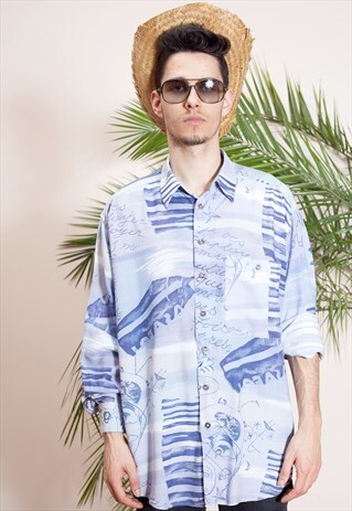 MENS VINTAGE LONG SLEEVE, ABSTRACT PRINT, BUTTON UP SHIRT