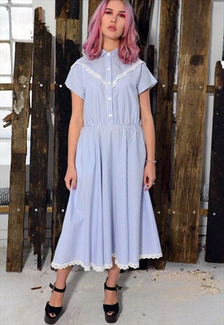 VINTAGE BLUE DRESS WITH WHITE STRIPES