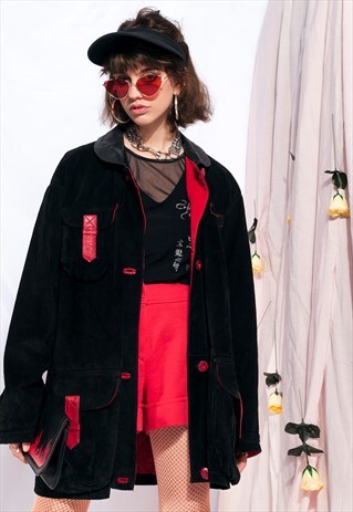 VINTAGE LEATHER JACKET 80S SUEDE COAT IN RED AND BLACK