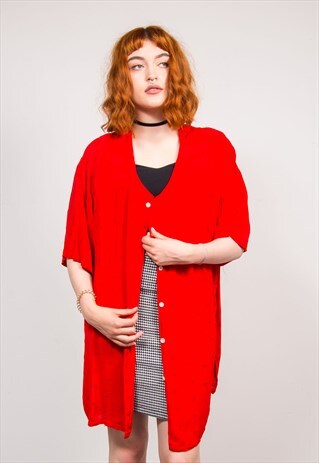 90'S VINTAGE RED EMBROIDERED OVERSIZE SHIRT BLOUSE