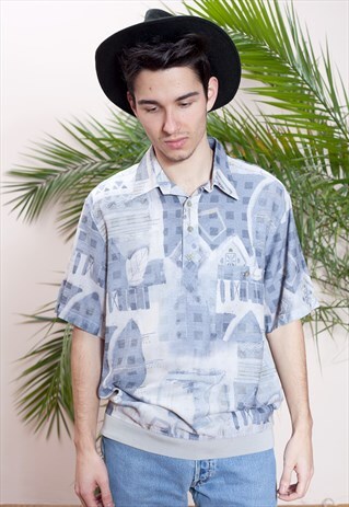 MENS VINTAGE 90S POLO T-SHIRT WITH ALL OVER PASTEL PRINT
