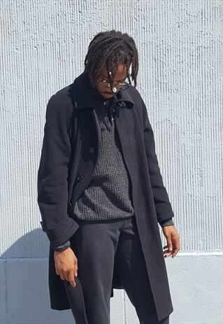 90S MINIMALIST LUXURY CASHMERE WOOL BLEND BLACK OVERCOAT
