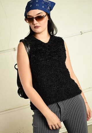 Y2K RETRO SOFT FURRY FLUFFY TOP IN BLACK