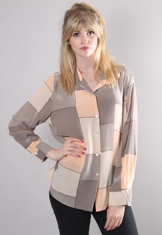 VINTAGE 80S SILK GEOMETRIC PATTERN BLOUSE SHIRT TOP